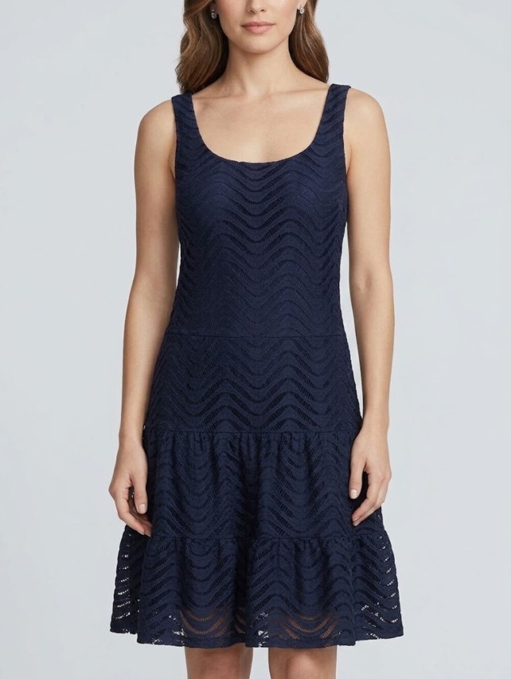 City Triangle Blue Chevron Lace Overlay Midi Dress - Picture 1 of 6
